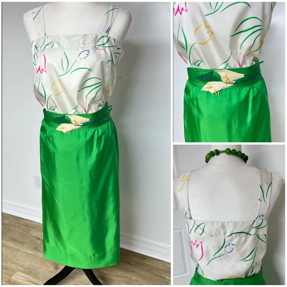 Vintage Green Satin Midi Skirt w Floral Top & Statement Belt – 60s Inspired - Picture 16 of 16